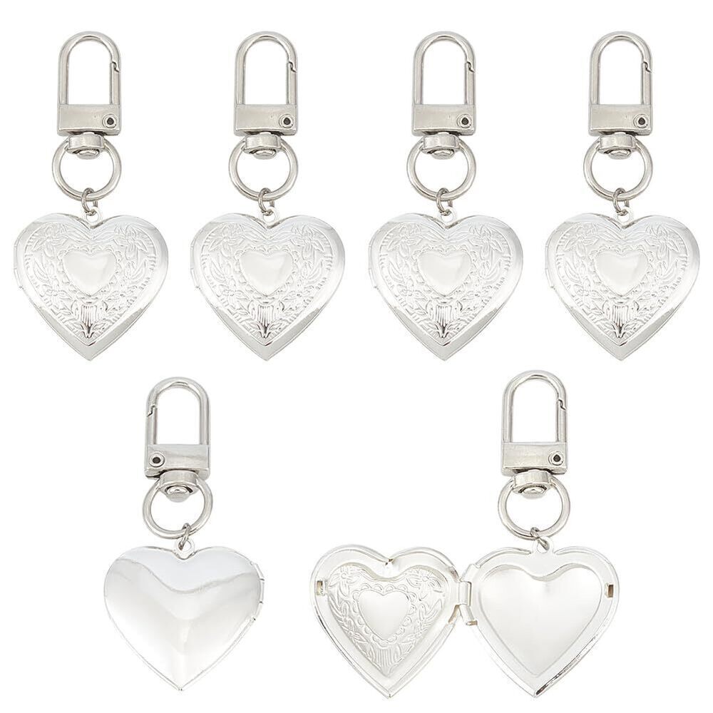 6901 6 Pcs Silver Heart Locket Keychain 2.5 Inch Vintage Keepsake Love